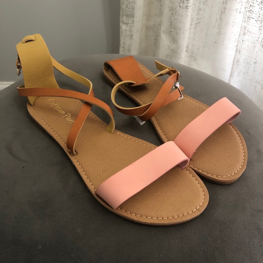 Pink and Brown Open Toe Crisscross Flats